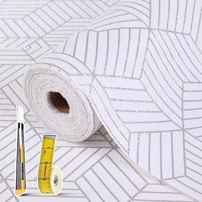 Shelf Liners for Kitchen Cabinets 12in x 30FT, Non Adhesive Cabinet Liner Strong Non-Slip Thickened Silver Geometric Easy to Clean for Shelf, Cabinet, Refrigerator with Knife and Tape Measure