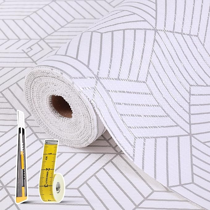 Shelf Liners for Kitchen Cabinets 12in x 20FT, Non Adhesive Cabinet Liner Strong Non-Slip Thickened Silver Geometric Easy to Clean for Shelf, Cabinet, Refrigerator with Knife and Tape Measure