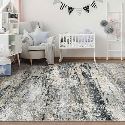 Area Rugs 6x9 for Living Room: Washable Rug Modern Abstract Neutral Soft Non-Slip Low-Pile Indoor Carpet for Bedroom Dining Room Playroom Home Office (Black Grey Brown, 6'x9')