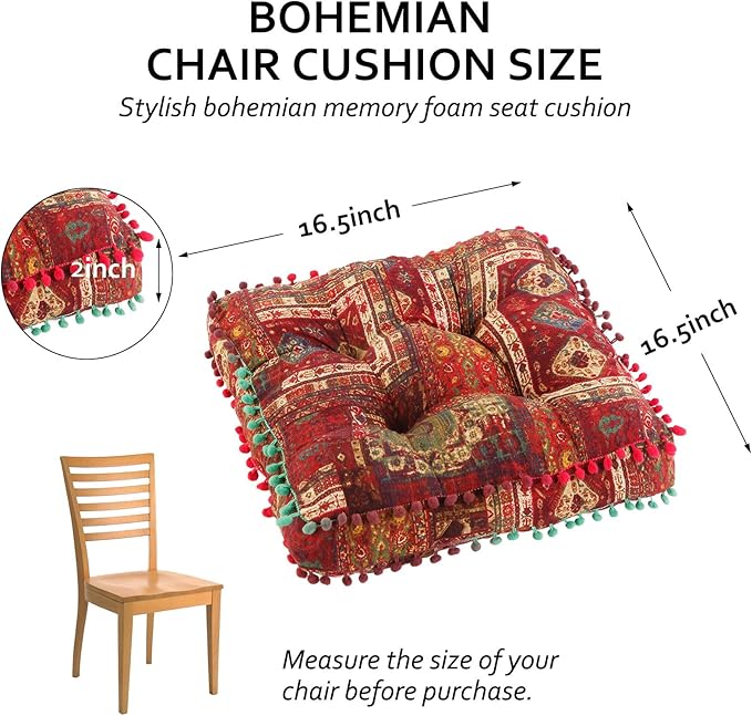 Bohemian Seat Cushion，Indoor & Outdoor 16.5" x 16.5" Seating Cushion for Dinning Chairs, Decorative with Tassels(2Pcs, Red)