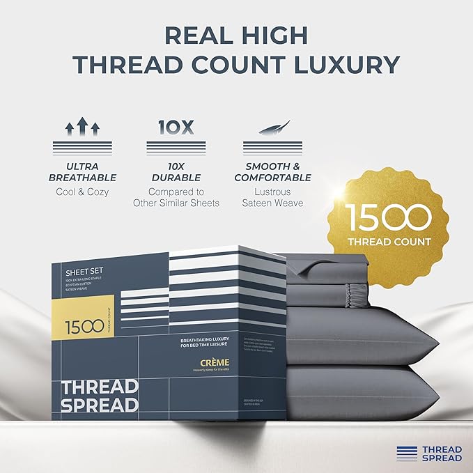 THREAD SPREAD 100% Egyptian Cotton Sheets Bed Set - 1500 Luxury High Thread Count Bed Sheets, Soft, Cooling, Sateen Weave, 17" Deep Pocket Bedsheet - 4 PC, California King Dark Grey