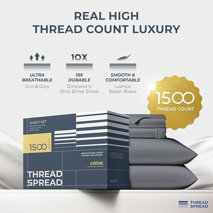THREAD SPREAD 100% Egyptian Cotton Sheets Bed Set - 1500 Luxury High Thread Count Bed Sheets, Soft, Cooling, Sateen Weave, 17" Deep Pocket Bedsheet - 4 PC, California King Dark Grey