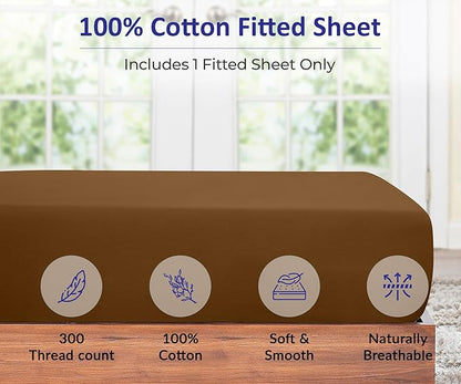 ROYALE LINENS 300 Thread Count 100% Long Staple Combed Cotton Fitted Sheet Full - Super Soft Deep Pocket Bottom Sheet - Fitted Sheets Only - Elastic Sheets (Full, Chocolate)