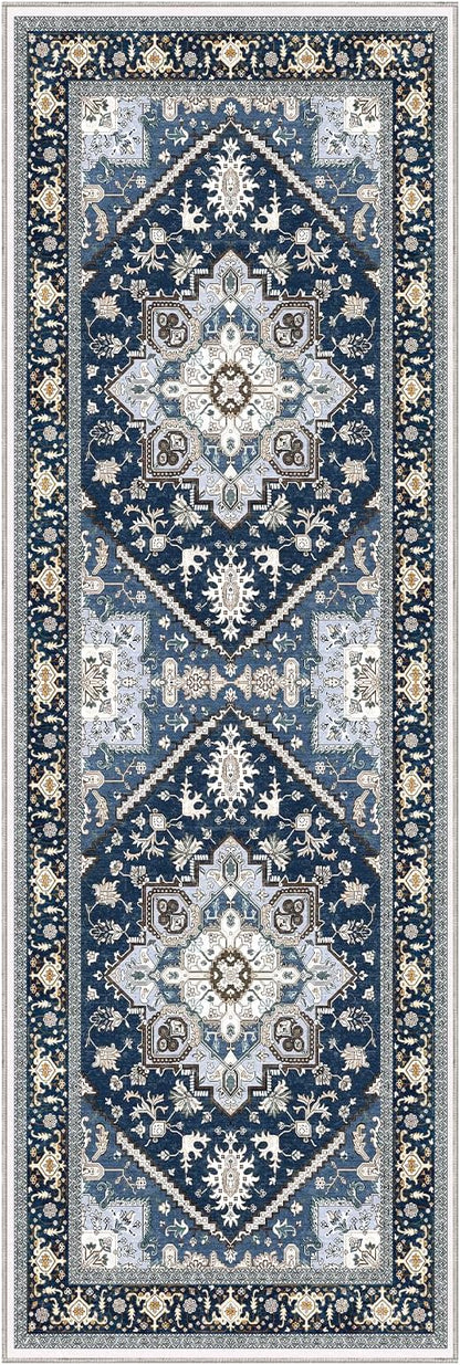 OPPODREAM Thin Entryway Rug 2x6, 2x6 Rug Runner, Washable Hallways Carpet 2 x 6 with Non Slip Backing, Low-Pile Bedside Carpet 2 x 6, Long, Faux Cashmere, Navy Blue & Gold