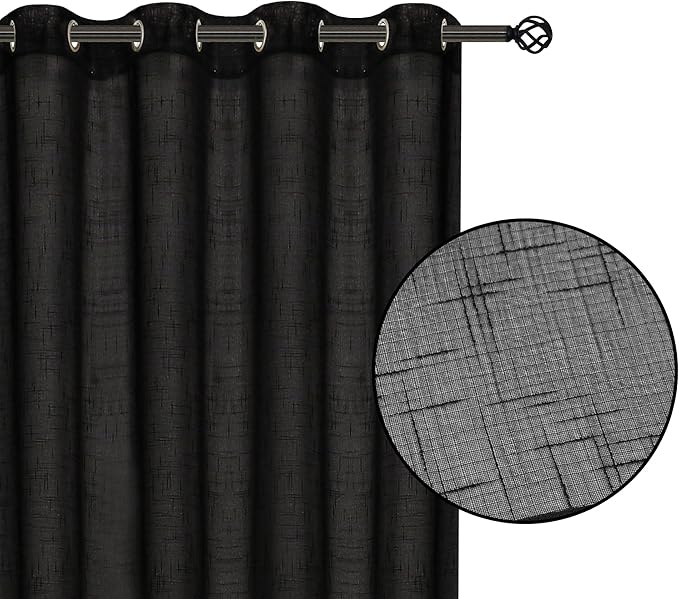 Sheer Curtains Faux Linen Semi Voile Light Filtering Drapes Pair for Bedroom Living Room, Set of 2 Grommet Top Window Curtain Panels (Each 54 x 95 Inch, Black)