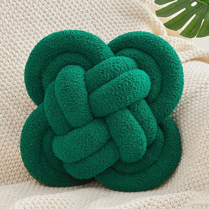 Xiashrk Knot Pillow Ball, 12" Soft Decorative Throw Pillows for Couch Bed, Dark Green Knotted Plush Throw Pillow Handmade Square Cushion Home Couch Decor Pillows for Living Room