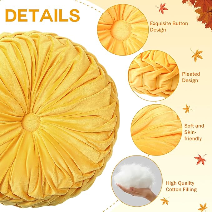 4 Pcs Round Throw Pillows 15 Inch Decorative Velvet Pleated Pumpkin Floor Boho Pillows for Living Room Couch Chair Bed Sofa (Yellow)