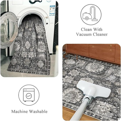 RUGSURE Washable Area Rugs - Perfect for Living Room, Bedroom, Kids Room, Nursery - Stain & Water Resistant Non-Slip, Pet & Child Friendly, Vintage Tribal Area Rugs (Grey, 8' x 10')