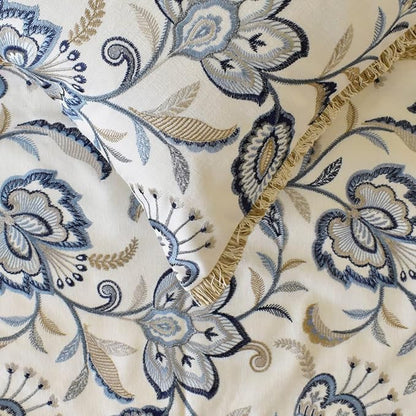 The HomeCentric King/Queen/Twin Blue Designer CA King 86"x18" Bed Runner with 2 Pillow Cover, Floral, Embroidered, Jute Lace & Lace Bed Scarf on Cotton Fabric - Morning Glories