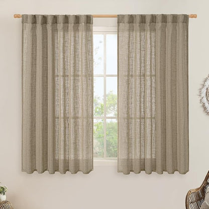 LAMIT Semi Sheer Linen Curtains 45 Inches Long, Light Filtering Panels Back Tab and Rod Pocket Country Decor Drapes for Farmhouse/Window/Bedroom, Taupe, 2 Panels, 52 x 45 Inch