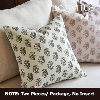 DOMVITUS Set of 2 Floral Pillow Covers 18x18, Block Print Pillow Covers Vintage Neutral Decorative Farmhouse Throw Pillow Covers for Couch Bed Living Room Dusty Green