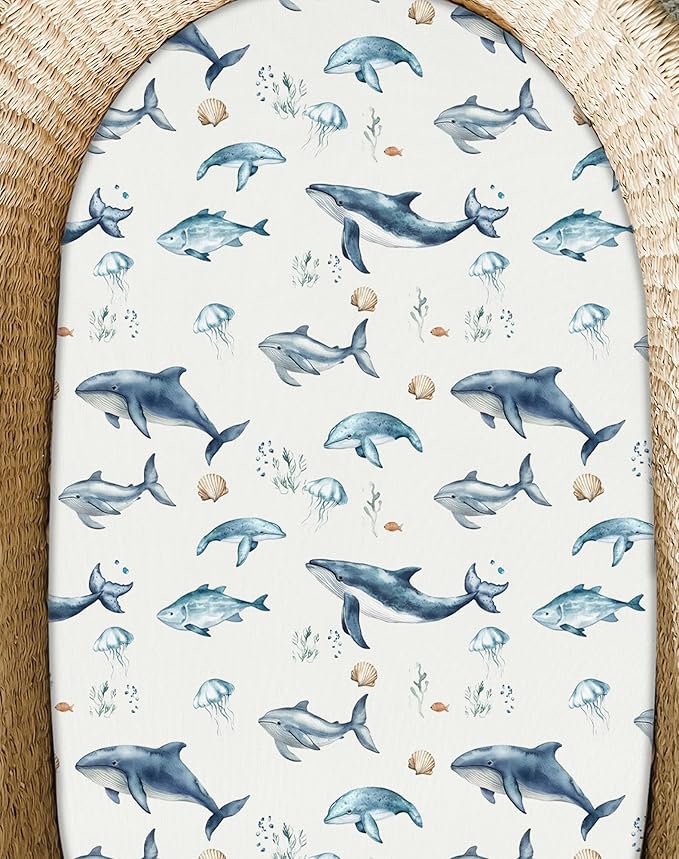Bassinet Sheets for Baby Girls Boys 2 Pack, Fitted Baby Mattress Sheet for Rectangle, Oval, Hourglass Bassinet Mattress, Breathable Cozy & Universal Fit (Aqua Wonders)