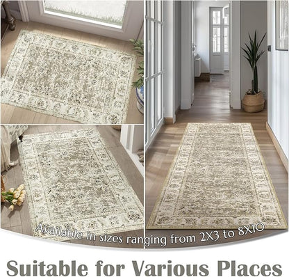 jinchan Fiora Washable Area Rug 4x6 Ultra-Thin Low Pile Non Slip Stain Resistant Soft Faux Wool Floral Rug Distressed Boho Vintage Carpet for Bedroom, Living Room, Kitchen, Nursery(Taupe, 4' x 6')