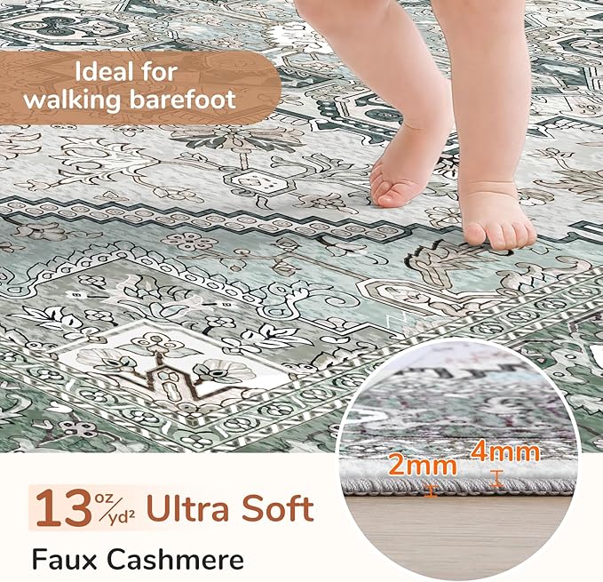 OPPODREAM Thin Area Rugs 4x6, Low-Pile Washable Rugs 4x6 with Non Slip Backing, Faux Cashmere 4 x 6 Throw Carpet, Green