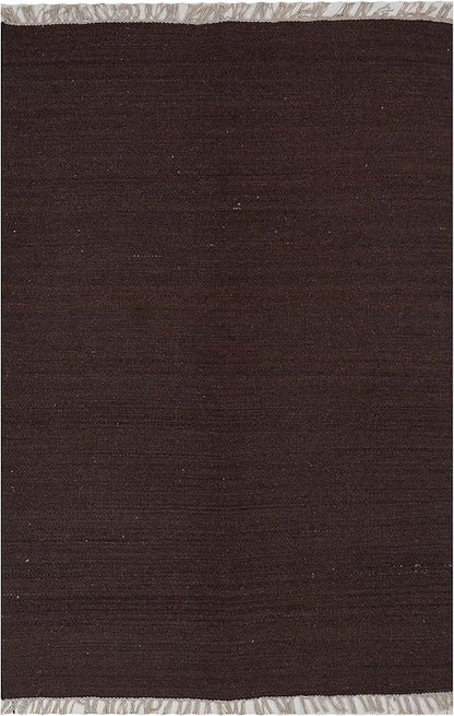 Rugsotic Carpets Hand Woven Flat Weave Kilim Wool ECO-Friendly Area Rugs - 3'x5', Rectangle Shape, Dark Brown Color, Solid Plain Design, Low Pile Handmade Rugs for Living Room, Bed Room (D00111)