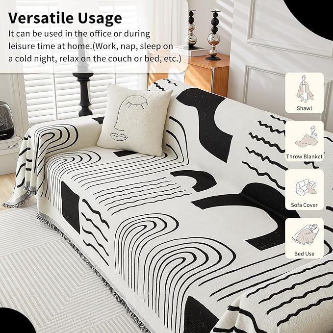 Boho Chenille Couch Cover with Tassels, Bohemian Sofa Cover for 3 Cushion Couch, L-Shaped Sectional, Loveseat, 2/3/4 Seater (71" x 134", Black)