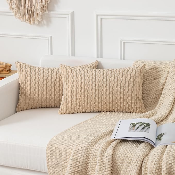 Kevin Textile 12x20 Inch Pillow Cover 1 Pack Boho Decorative Soft Striped Corduroy Lumbar Farmhouse Solid Color Accent Rectangle Cushion Case for Living Room Couch Sofa Bed, Beige