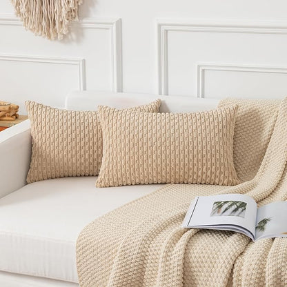 Kevin Textile 12x20 Inch Pillow Cover 1 Pack Boho Decorative Soft Striped Corduroy Lumbar Farmhouse Solid Color Accent Rectangle Cushion Case for Living Room Couch Sofa Bed, Beige