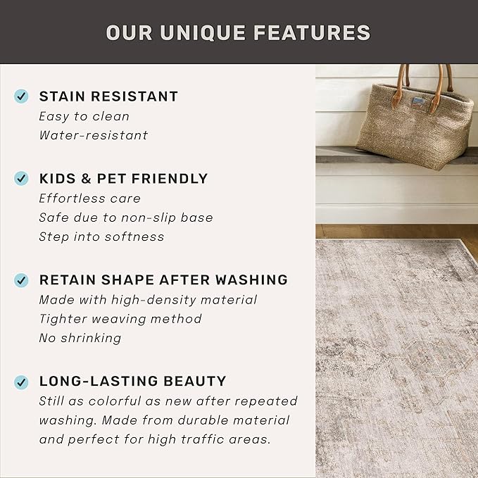 Washable Non Slip Stain Resistant 2x5 Runner Rug for Bathroom, Kitchen, Laundry Room, Bedroom Beside Bed, Unique Tan Distressed Abstract Eclectic Runner Décor, Beige Brown