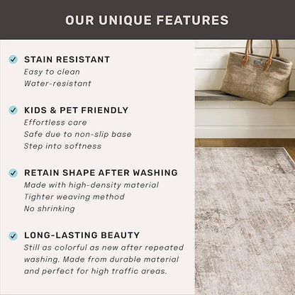 Neutral Farmhouse Area Rug for Bedroom - 7x9 Washable Rug for Dining Room Table, Ultra-Thin Soft Textured Boho Abstract Indoor Decor, Fade & Stain Resistant