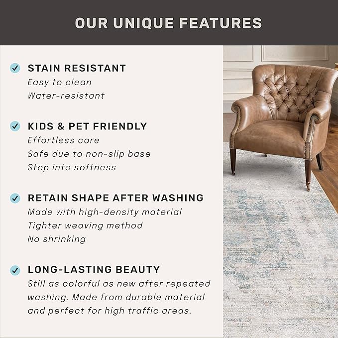 Light Blue 2x5 Kitchen Rug Runner Non Slip - Non Slip Washable Rug for Bathroom, Laundry Room, Hallway, Unique Tan Abstract Eclectic Runner Décor
