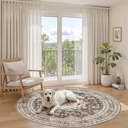 6ft Round Vintage Living Room Area Rug - 6x6 Large Soft Washable Oriental Traditional Distressed Farmhouse Rugs for Bedroom - Indoor Floor Accent Carpet for Home Office House Decor - Dark Brown