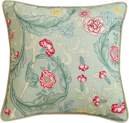 patdrea Designer Square Throw Pillow Covers,Farmhouse Linen with Green Floral Pattern Pillows Cover,Decorative Pillowcases Cushion for Bed Living Room Outdoor Car,18"x18"