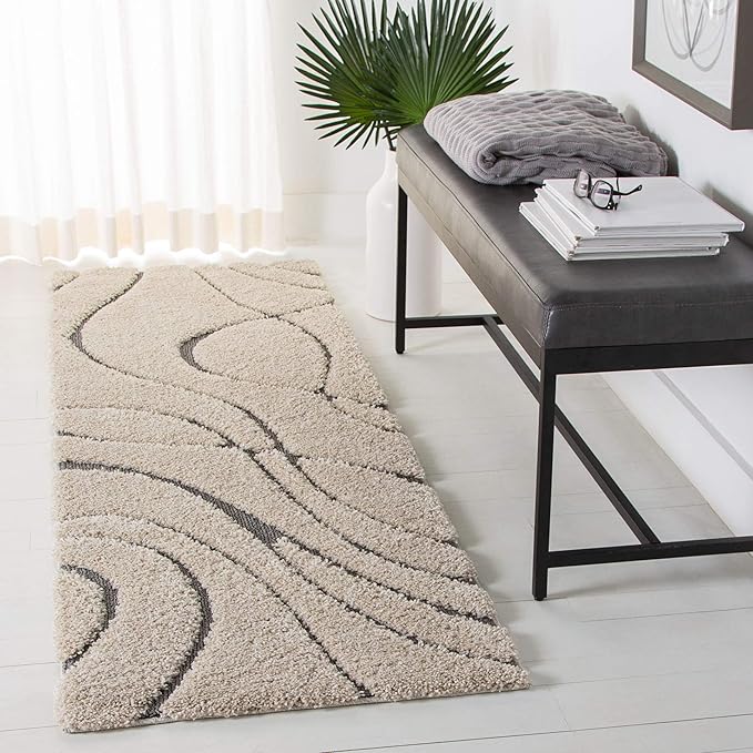 SAFAVIEH Florida Shag Collection Area Rug - 2'3" x 17' Runner, Cream & Grey, Non-Shedding & Easy Cleaning, Plush Thick Pile, Ideal for Living Room, Bedroom, Dining Space (SG471-1180)