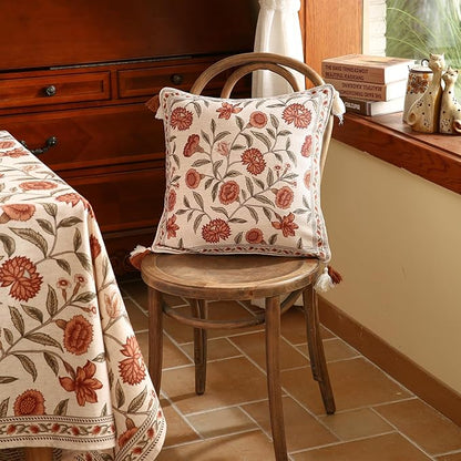 ISAENNE Design Linen Square Vintage Throw Pillow Covers 18"x18", Brick Red Cushion Covers with Orange Floral Green Leaves Pattern Decoration Pillowcases for Bed,Living Room,Outdoor,Car