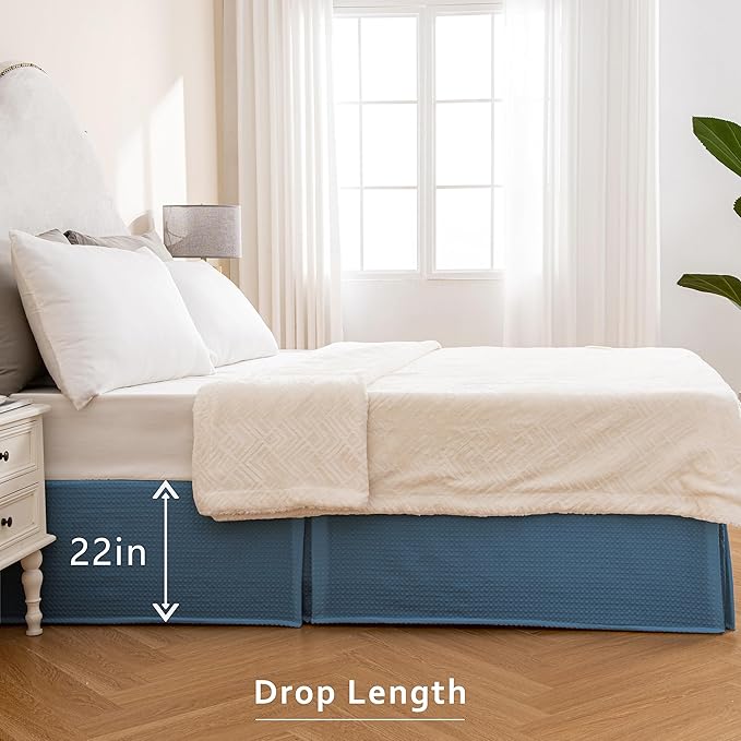 MIYE Pleated Waffle Weave Bed Skirt, Tailored Dust Ruffle 22 Inch Drop Easy Fit, Machine Washable (Blue, TwinXL - 22" Drop)