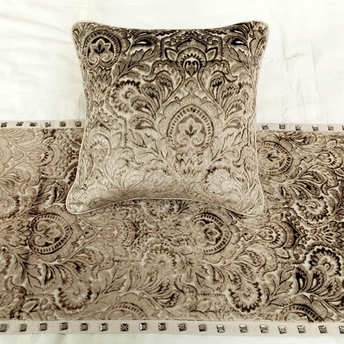 The HomeCentric King/Queen/Twin Beige Decorative Full 68"x18" Bed Runner with 2 Pillow Cover, Velvet Damask & Crystal Border Bed Scarf on Velvet Fabric - Henriretta