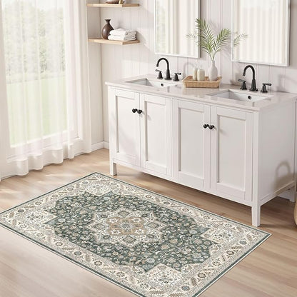 Vintage Living Room Area Rug 3x5 - Large Soft Washable Oriental Traditional Distressed Farmhouse Rugs for Bedroom - Indoor Floor Accent Carpet for Home Office House Decor - Vintage Green