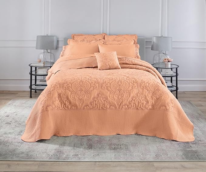 BrylaneHome Bedding Lightweight All Season Modern Amelia Quilted Damask Oversized Ultra Soft Bedspread - King, Peach Fuzz