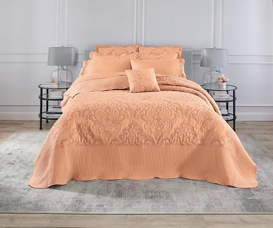 BrylaneHome Bedding Lightweight All Season Modern Amelia Quilted Damask Oversized Ultra Soft Bedspread - King, Peach Fuzz