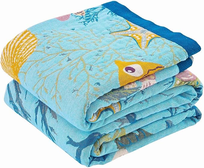 Blue Boho Blanket, 60"x80" Soft Farmhouse Decorative Throw Blanket, 100% Cotton Reversible Vintage Muslin Quilt Bohemian Decor Woven Blanket All Season Blankets for Sofa Couch Chair