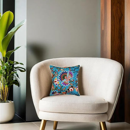 Turquoise Floral Pillow Cover Modern Flower Pillowcase Floral Hand Embroidered Outdoor Cushion Suzani Farmhouse Chair Throw Traditional Chair Cushions Wool Size 18x18