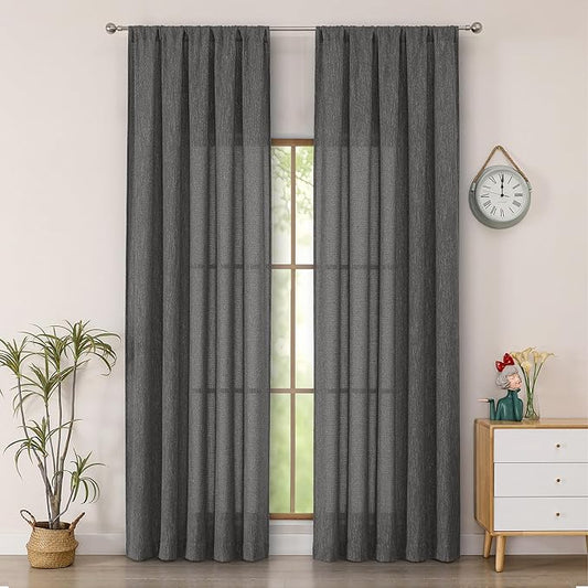 Simplebrand Grey Faux Linen Textured Semi Sheer Curtains 96 Inches Long 2 Panels Set, Light Filtering Soft Thick Farmhouse Curtains Window Treatment for Bedroom/Living Room/Dining Room, 50 x 96 Inch