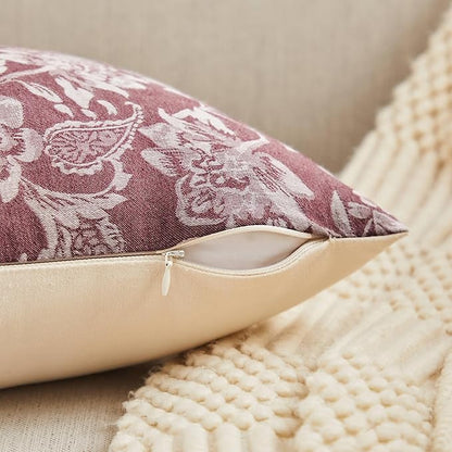 Floral Jacquard Throw Pillow Covers Set of 2, Background/Burgundy 22x22 Inch, Farmhouse Decorative Cotton Burgundy Cushion Covers for Sofa Bed Living Room Home Decor