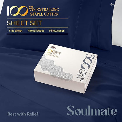 Mayfair Linen 500 Thread Count 100% Cotton Sheets King Size Bed Set - 4 PC King Bed Sheet Set Cotton (Navy Blue), Soft, Cooling, Sateen 16" Deep Pocket Bedsheet for Hot Sleepers (Fits 18" Mattress)