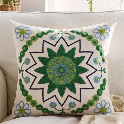 Embroidered Throw Pillow Cover 18x18 Christmas Boho Floral Pattern Pillows Cover Outdoor Decorative Pillowcase,Durable Cozy Textured Cushion Case for Sofa Couch Bed Living Room,Green