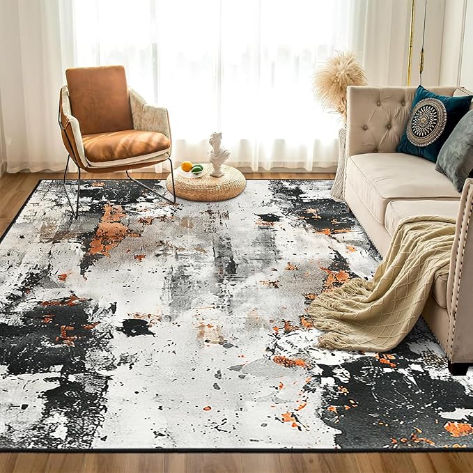 9CH Abstract Distressed Design Area Rug 7' X 5' Grey & Orange Boho Chic Faux Wool Rugs Soft Non-Slip Low Pile Floor Carpets for Bedroom Living Room Dining Room