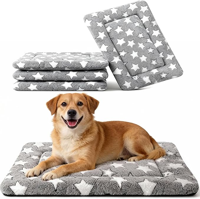 Dog Crate Mat, 4 Piece Reversible Pet Bed, Polyester, Machine Washable, Small Dogs & Cats, Rectangular, 24 x 18 x 1.3 Inches (Gray Star, 30" L x 20" W x 1.5" Th)