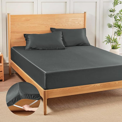 MR&HM Fitted Sheet & Pillowcase Set Queen, 3-Piece Blend Rayon Derived from Bamboo, Silky Soft & Breathable, 15" Deep Pocket with Elastic Straps, Cooling Sheets for Hot Sleepers, Dark Grey