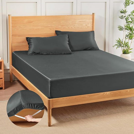 MR&HM Fitted Sheet & Pillowcase Set Queen, 3-Piece Blend Rayon Derived from Bamboo, Silky Soft & Breathable, 15" Deep Pocket with Elastic Straps, Cooling Sheets for Hot Sleepers, Dark Grey