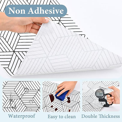 Shelf Liners for Kitchen Cabinets 12in x 20FT, Non Adhesive Cabinet Liner Strong Non-Slip Thickened Black White Geometric Drawer Liner, Easy to Clean for Shelf, Cabinet with Knife and Tape Measure