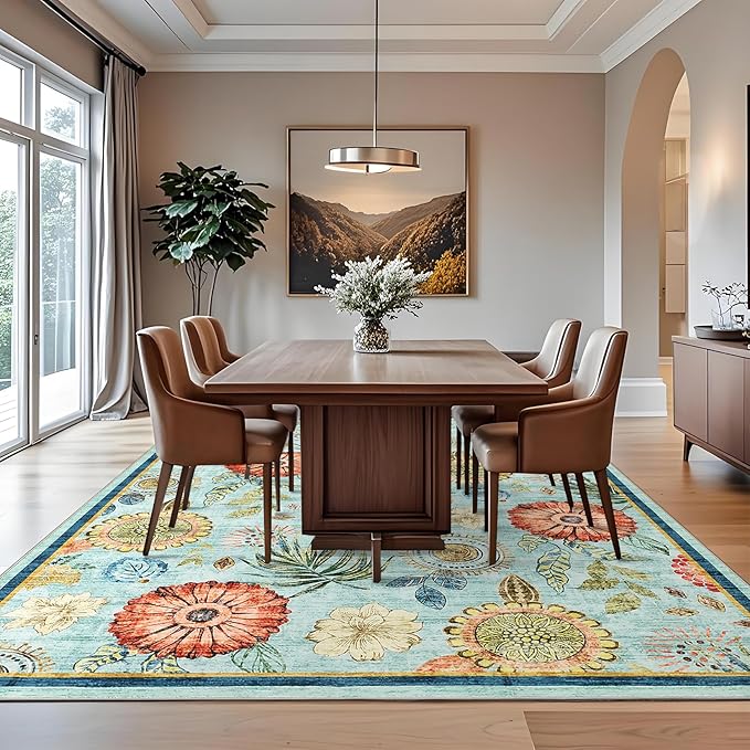 GarveeHome 9x12 Floral Washable Area Rug: Large Living Room Area Rug with Non-Slip Backing Washable Ultra Soft Bedroom Floral Carpet Indoor Stain Resistant Carpet for Dining Room 9 * 12 ft Light Blue