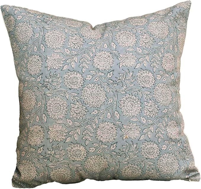 Amor Virisso Floral Throw Pillow Covers 20x20 Block Print Pillow Covers Vintage Neutral Couch Pillows for Living Room Farmhouse Decorative Accent Sofa Pillows, Light Blue