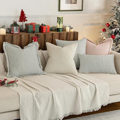 MIULEE Pack of 2 Christmas Red Pillow Covers 26x26 Inch Striped Farmhouse Couch Throw Pillow Covers with Fringe Chic Linen Decorative Cushion Eruo Sham for Sofa Living Room Bed Outdoor Home Decor
