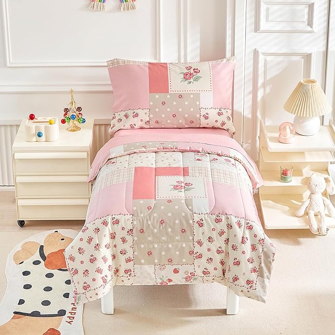 Joyreap 4 Piece Cotton Toddler Bedding Set- Pink Flower Plaids Patchwork Design, Toddler Comforter Set for Girls, Includes Quilted Comforter, Fitted Sheet, Top Sheet, and Pillow Case