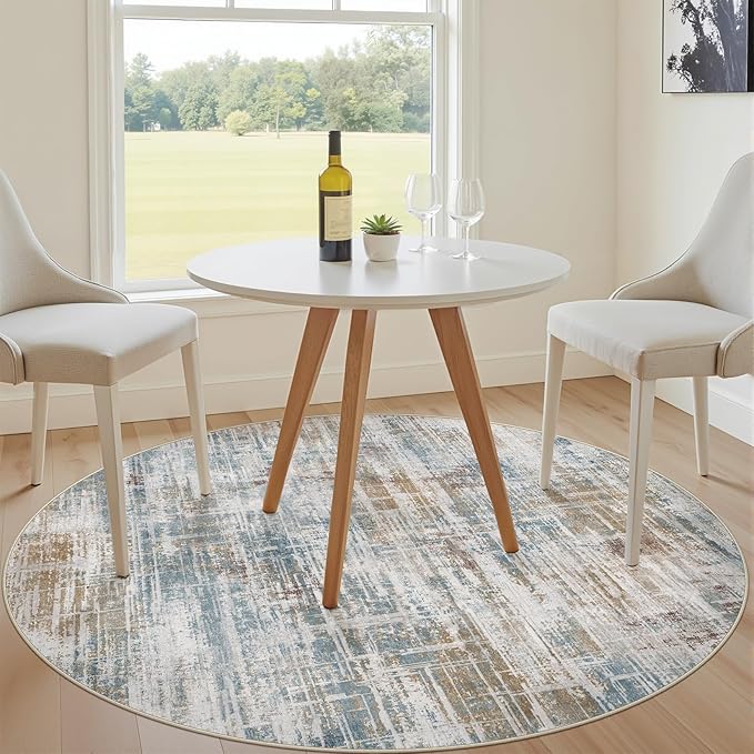 5ft Round Area Rug for Living Room: 5x5 Washable Neutral Abstract Modern Soft Rugs Non Slip Indoor Floor Stain Resistant Carpet for Bedroom Dining Room Office Nursery - Blue Brown